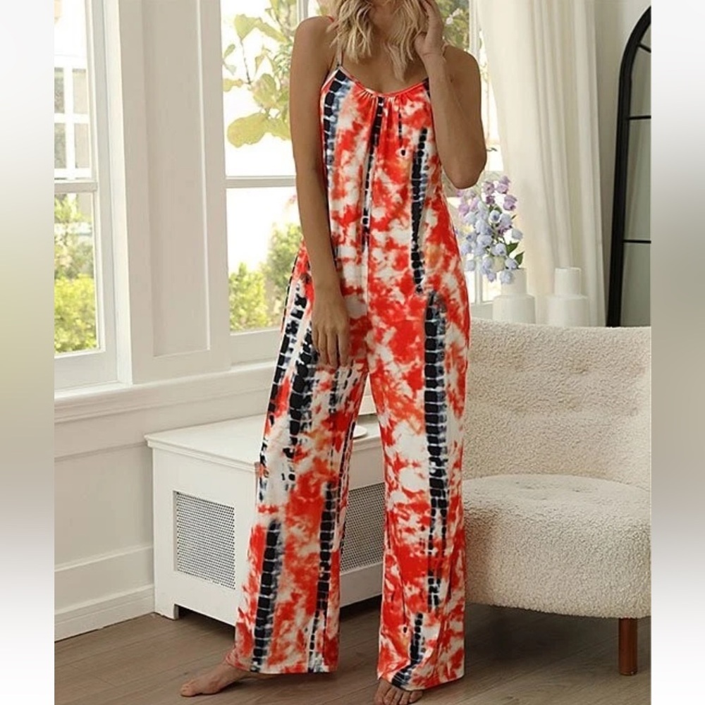 Romantichut Red, White & Blue Tie-Dye Adjustable Wide Leg Jumpsuit | Women’s M